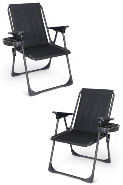 İronika Bardaklıklı Kamp Sandalyesi Katlanabilir Plaj Piknik Sandalyesi Bardak Aparatlı Siyah 2 Adet