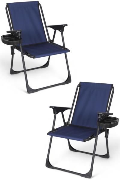 İronika Bardaklıklı Kamp Sandalyesi Katlanabilir Plaj Piknik Sandalyesi Bardak Aparatlı Lacivert 2 Adet