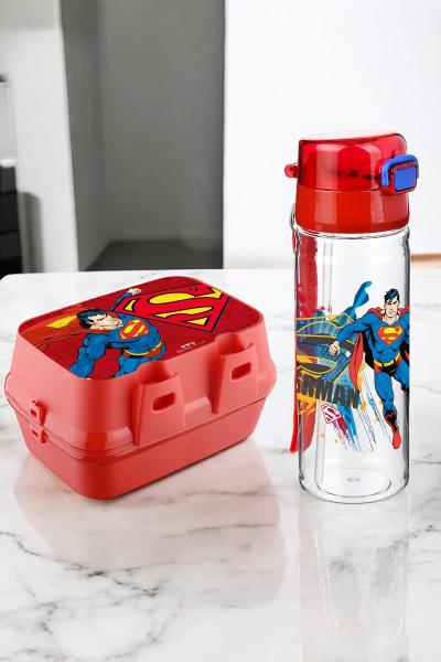 İronika Lisanslı Süperman 4 Bölmeli Kaşık Çatallı Beslenme Kutusu Kabı-Pipetli Sızdırmaz Suluk Set
